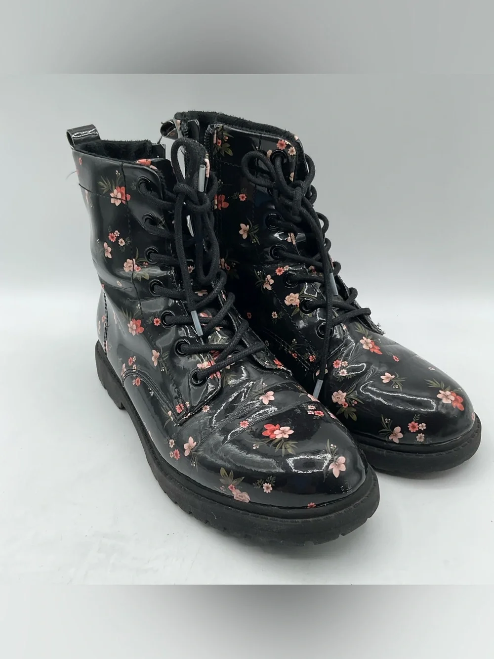 H&M Floral Patent Combat Boots Size 4 Black Lace Up Side Zip